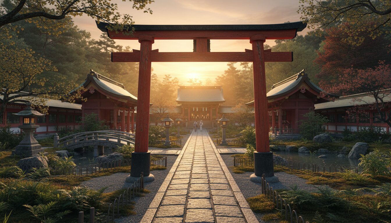 日本の格式高い神社の鳥居と美しい景観