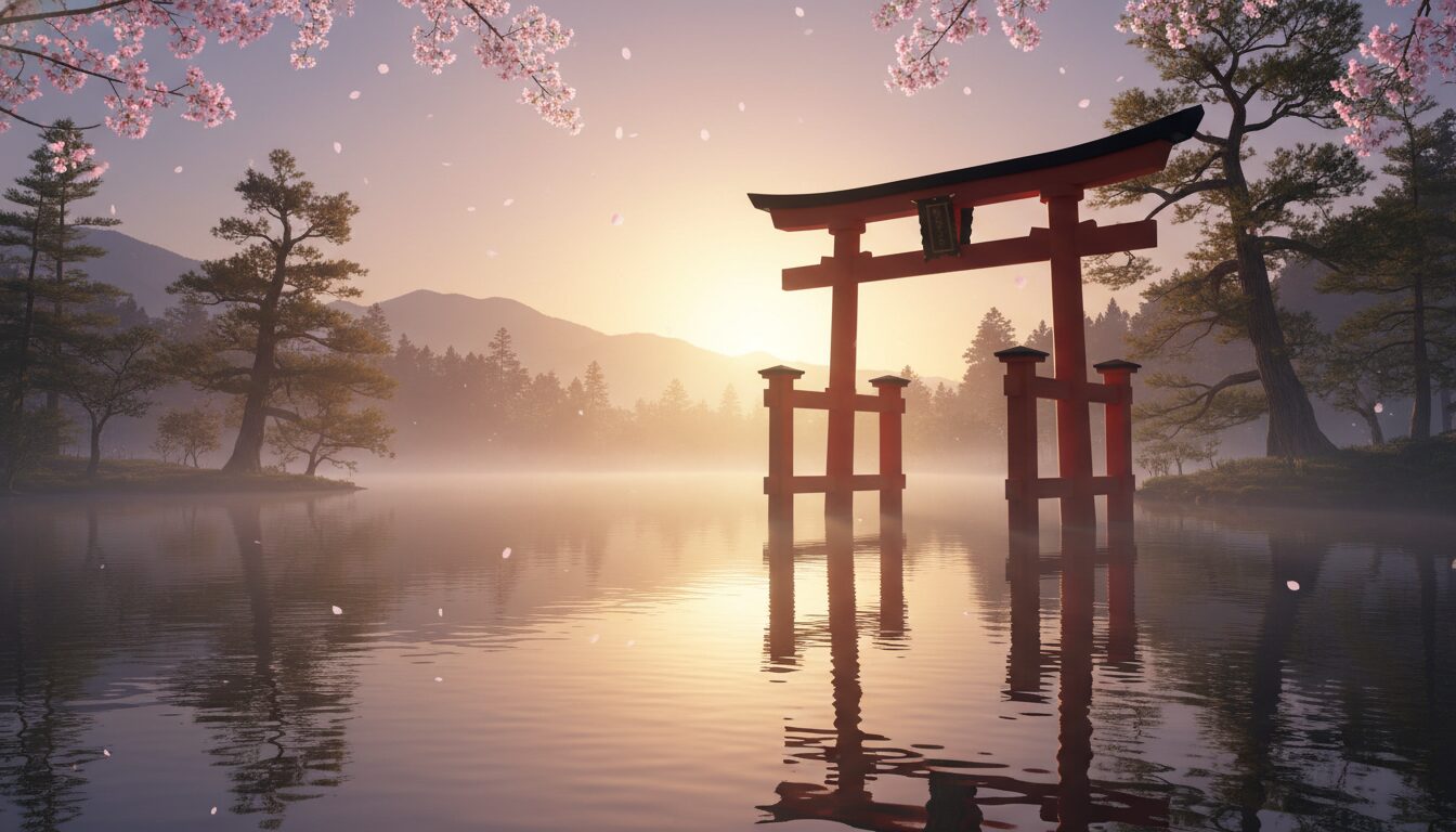 A serene, peaceful photo of a traditional Japanese Shinto shrine gate (torii) at dawn, with soft, golden lighting, symbolizing reflection on the appropriate timing for spiritual visits. 16:9 aspect ratio, high quality.