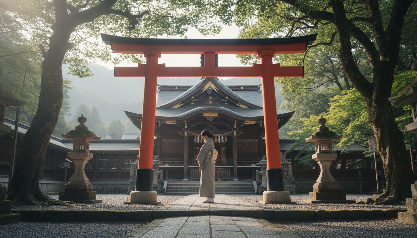 A serene, respectful photo of a woman standing contemplatively at a distance from a shrine's main building, perhaps under a torii gate, during daytime. The image should convey a sense of personal reflection and quiet respect. 16:9 aspect ratio, high quality.