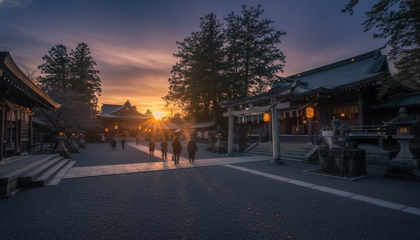 An atmospheric photo of a traditional Japanese Shinto shrine at dusk, after 4 PM, with long shadows and a quiet, slightly mysterious ambiance, emphasizing the dimming light and decreasing presence of people. 16:9 aspect ratio, high quality.