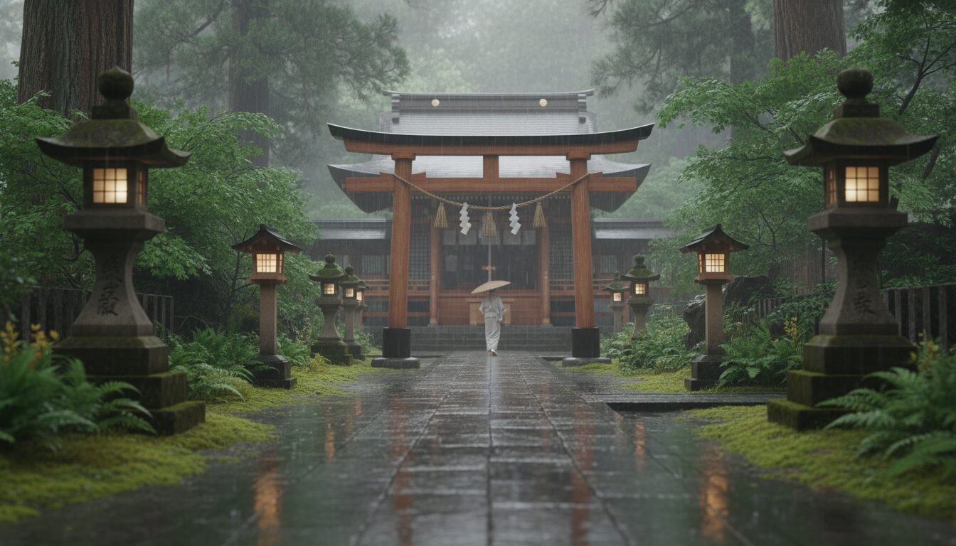 A serene and atmospheric photo of a traditional Japanese Shinto shrine during a gentle rain, with wet stone paths and lush greenery, conveying a sense of purification and tranquility. 16:9 aspect ratio, high quality.