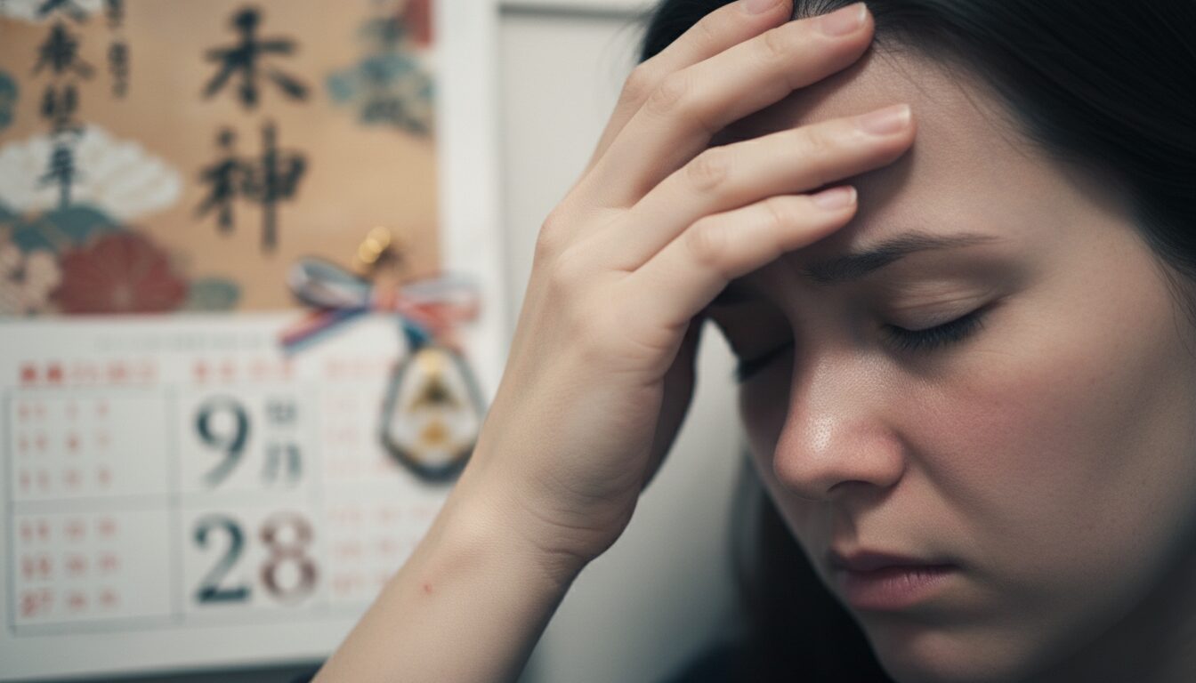 A close-up, empathetic photo of a person's hand on their forehead, looking unwell, with a blurred background of a calendar or a shrine leaflet, conveying the idea of sudden illness preventing a planned shrine visit. 16:9 aspect ratio, high quality.