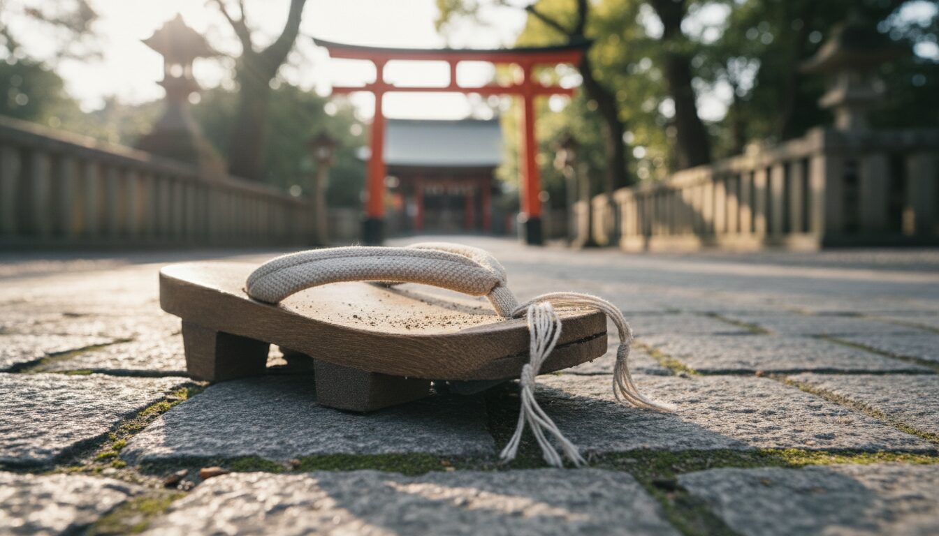 A detailed photo showing a broken shoelace on a traditional Japanese geta or walking shoe, with a blurred shrine torii in the background, symbolizing an unexpected obstacle before a planned shrine visit. 16:9 aspect ratio, high quality.