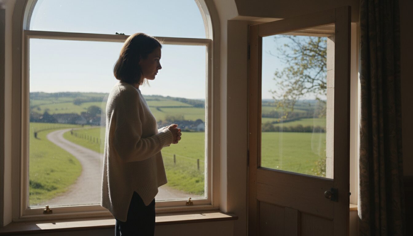 A thoughtful, introspective photo of a person looking out a window on a clear day, with a contemplative expression, implying they are debating whether to go out or not, representing the feeling of reluctance or intuition. 16:9 aspect ratio, high quality.
