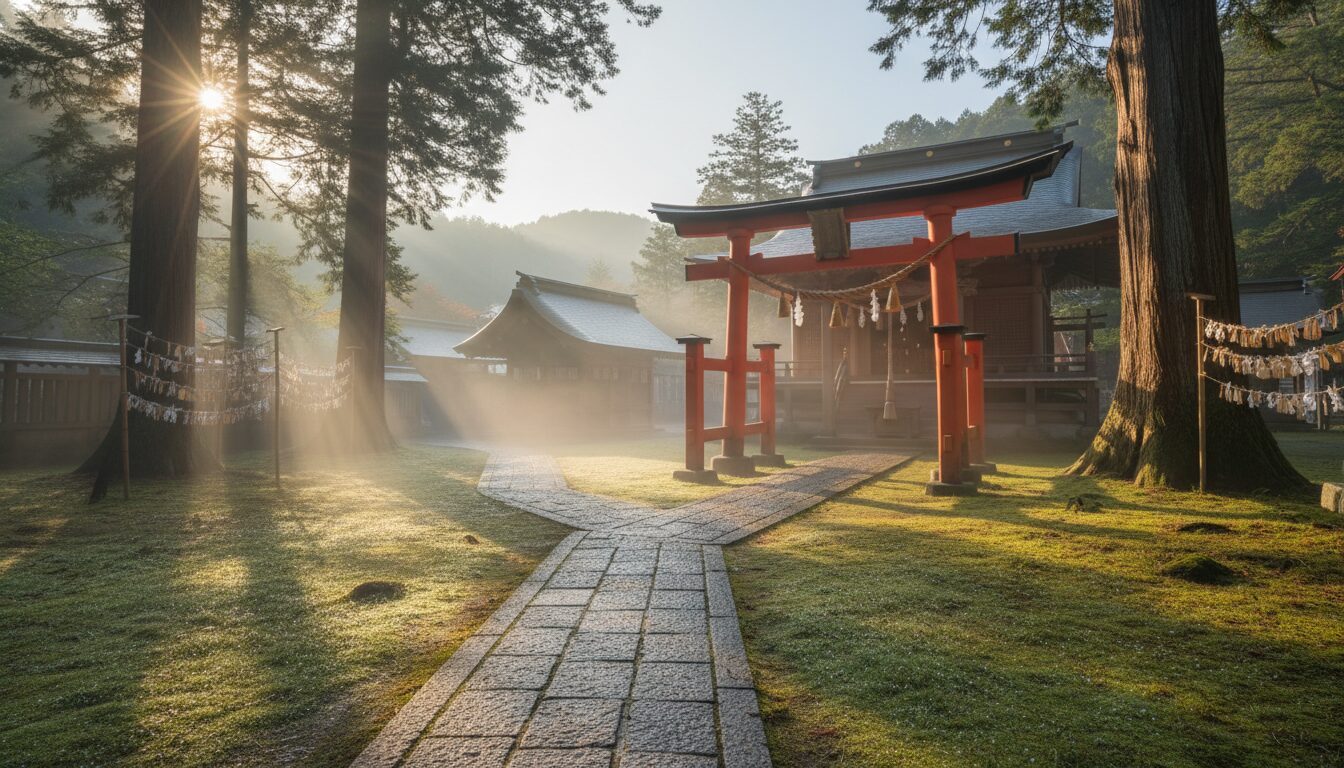 A stunning photo of a serene Japanese Shinto shrine in the early morning, with soft, golden light, dew on the ground, and a clear, fresh atmosphere, emphasizing peace and purity. 16:9 aspect ratio, high quality.