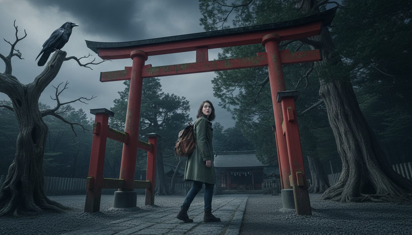 A slightly uneasy photo of a person standing at the entrance of a shrine, looking a bit hesitant or unsettled, with a subtle hint of a dark cloud or a distant crow, conveying a feeling of being unwelcome or sensing negative energy. 16:9 aspect ratio, high quality.