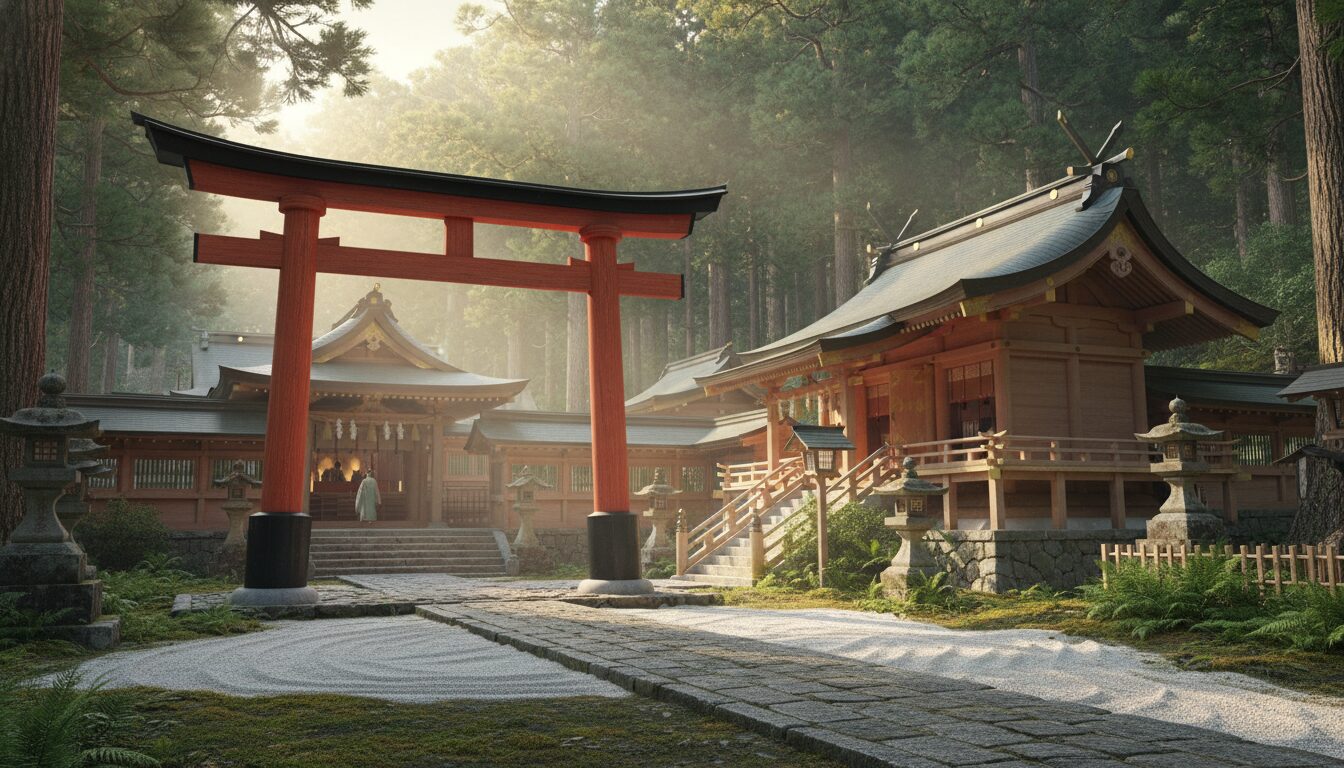 伊勢神宮や出雲大社を思わせる、日本の格式高い神社の風景。三大神社の比較と特徴。