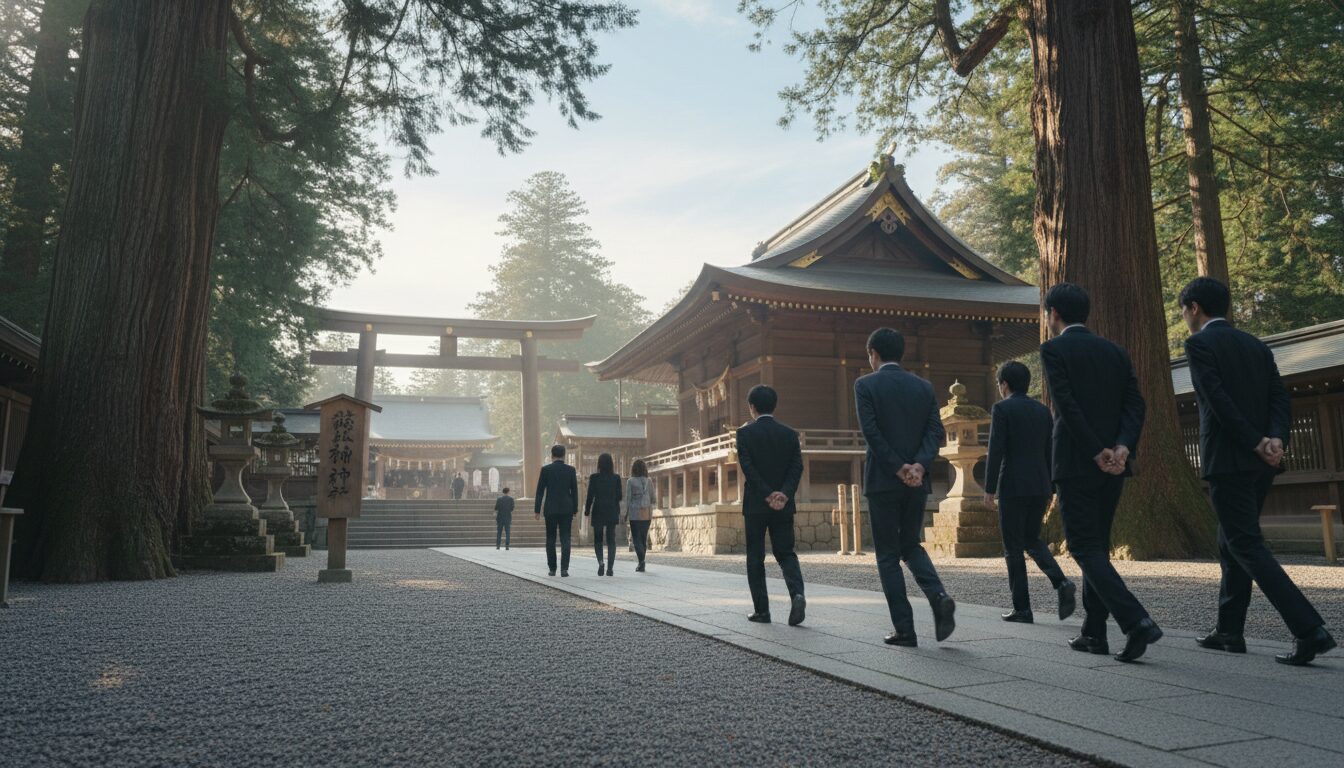 格式高い神社での参拝風景。落ち着いた服装で参拝する人々。