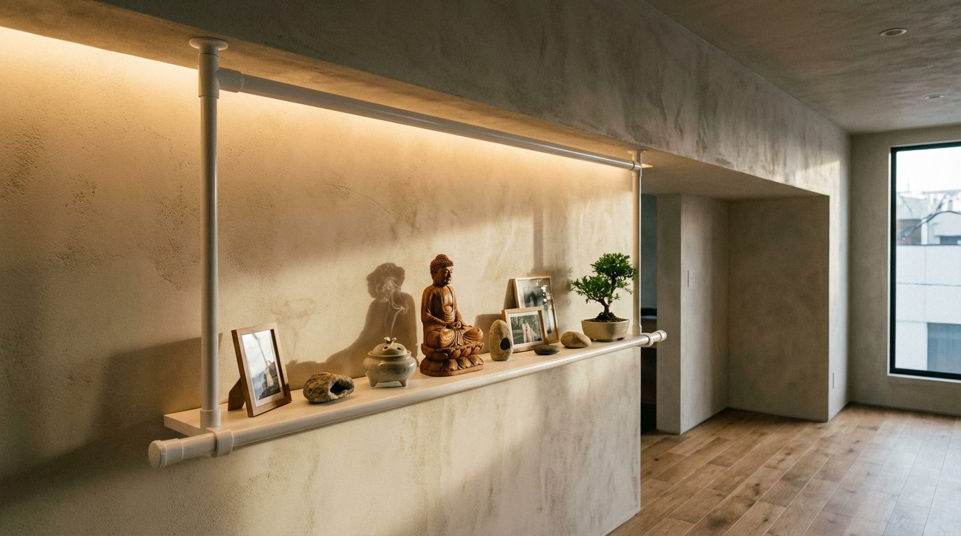 突っ張り棒と棚板で高い位置にスペースを確保