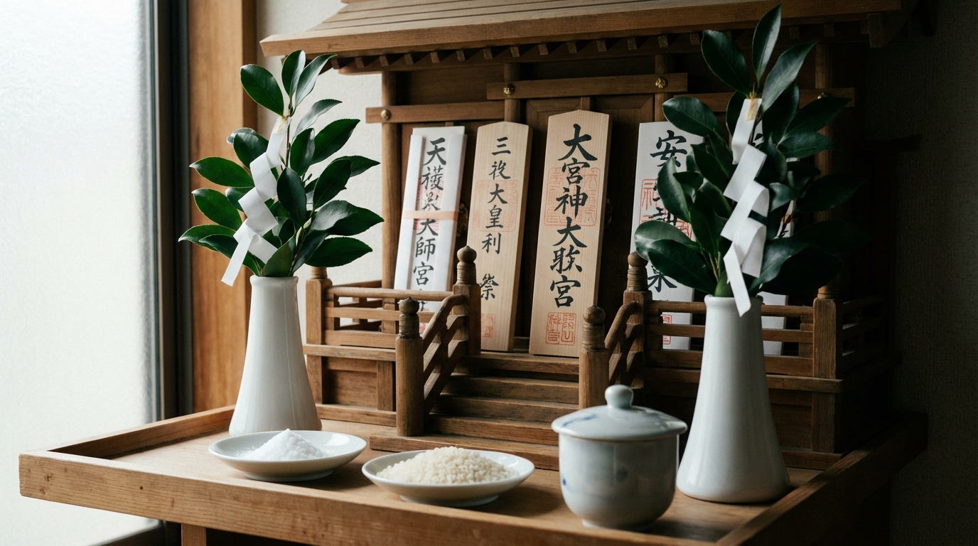4枚のお札に対するお供え物と神具の考え方