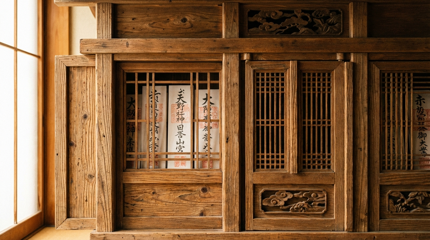 三社造りの神棚なら左側の扉に重ねて配置する