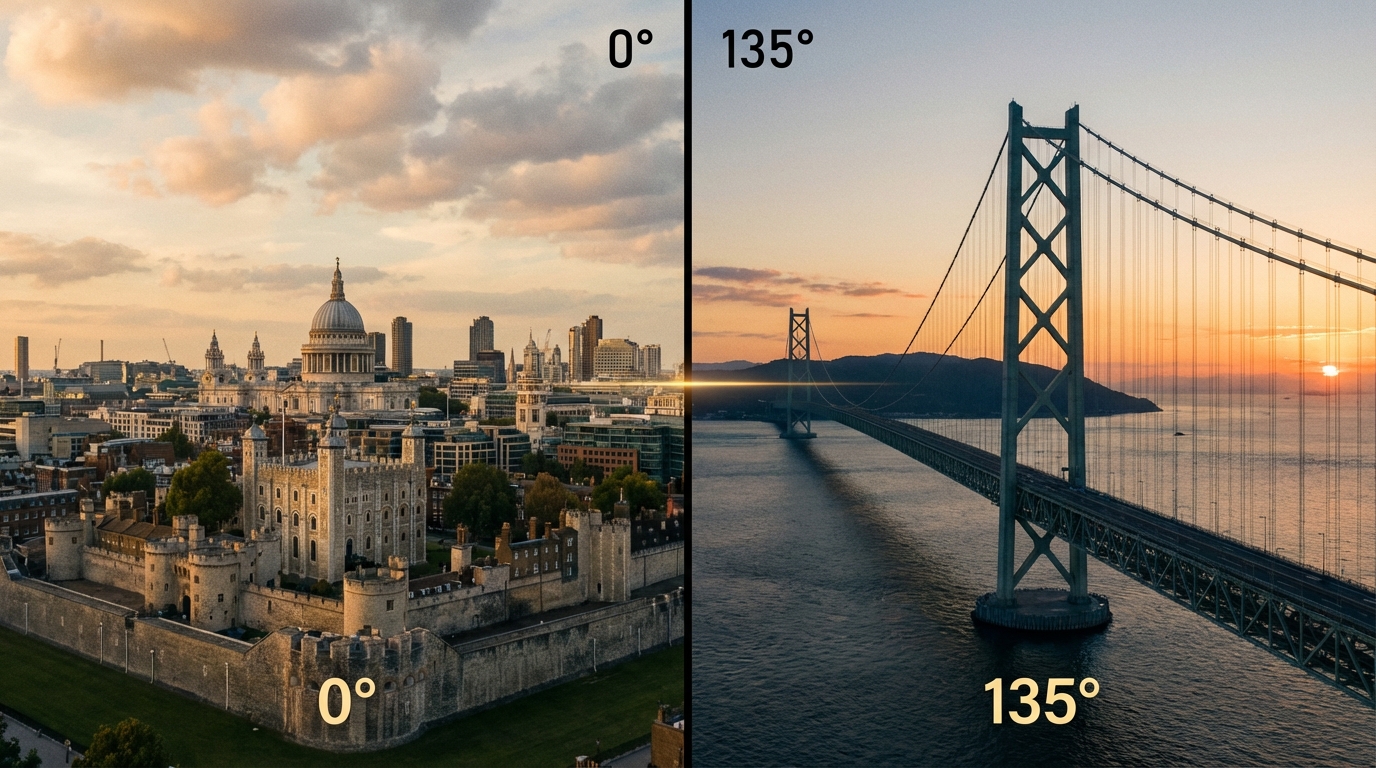 西回りのロンドン0度と東回りの明石135度の関係