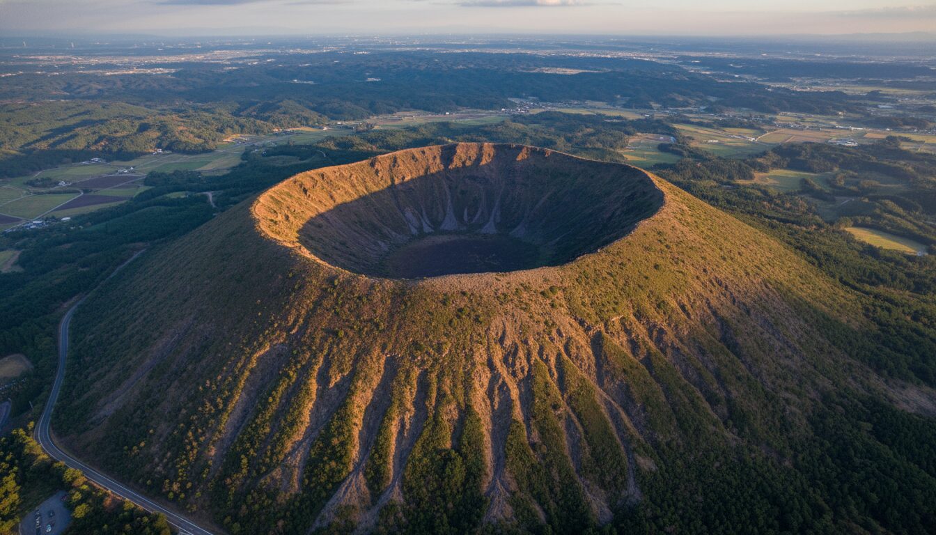 まるでUFOの基地？神鍋山の噴火口が描く不思議な円錐形