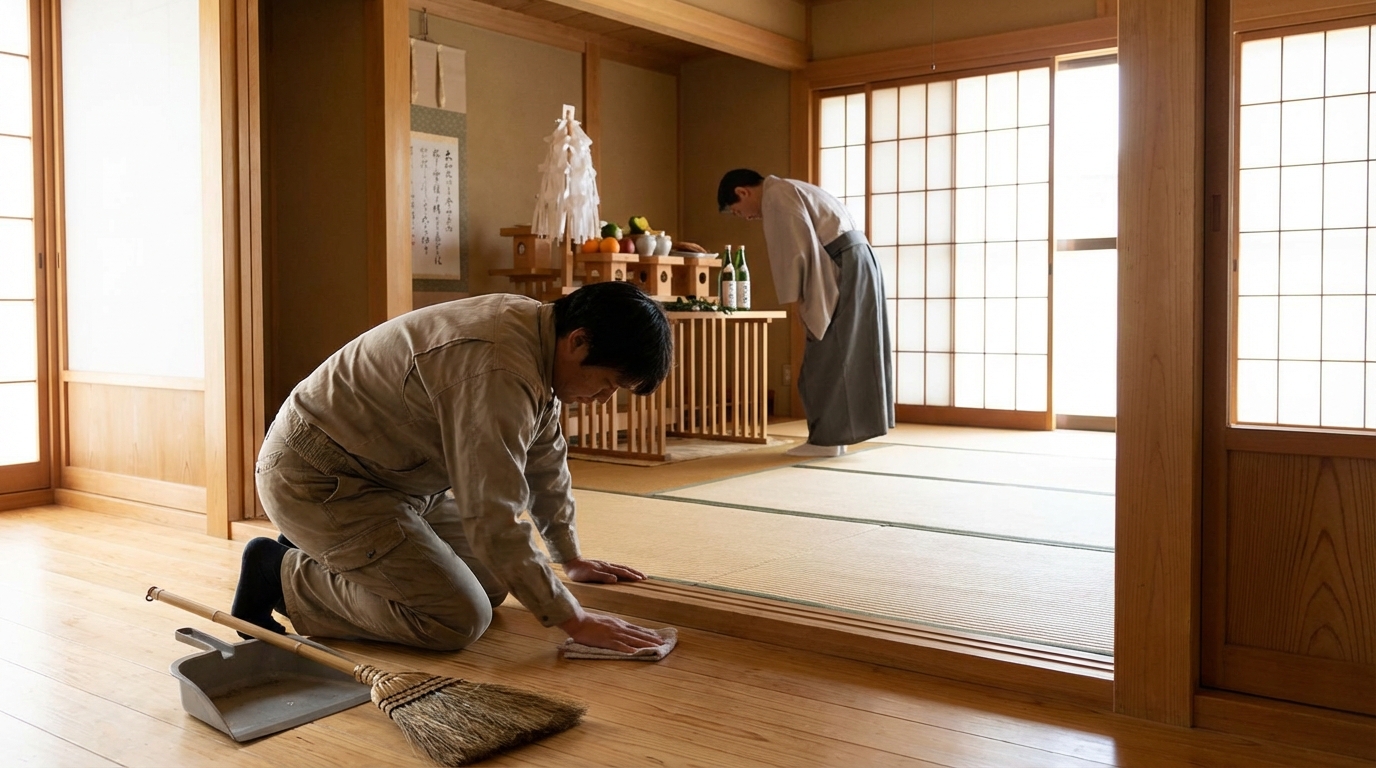掃除と整理整頓で場を清めてから祝詞を唱える