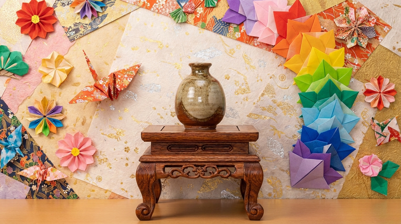 和紙や折り紙を使って台座の背景を華やかに彩る工夫