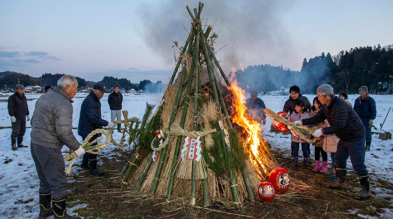 どんどん焼き（左義長）でお正月飾りに添える方法