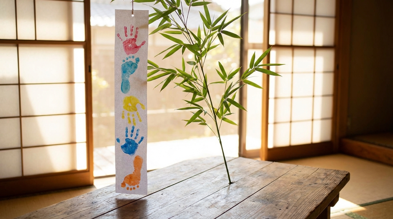 手形と足形を組み合わせて作る吹き流しと笹の葉