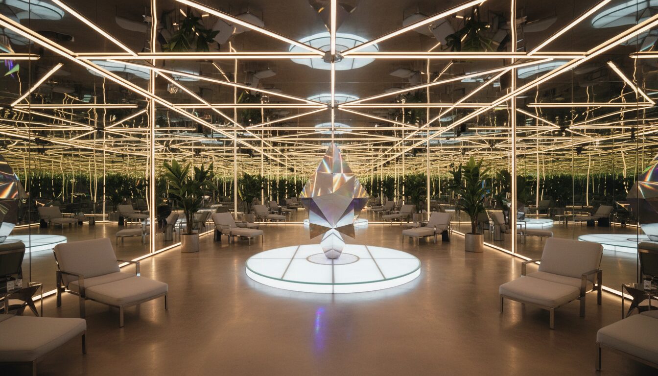 明るい照明と鏡を活用した空間演出